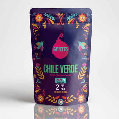 Spicito Chile Verde Bombs pouch with bold green packaging representing authentic chile verde seasoning.