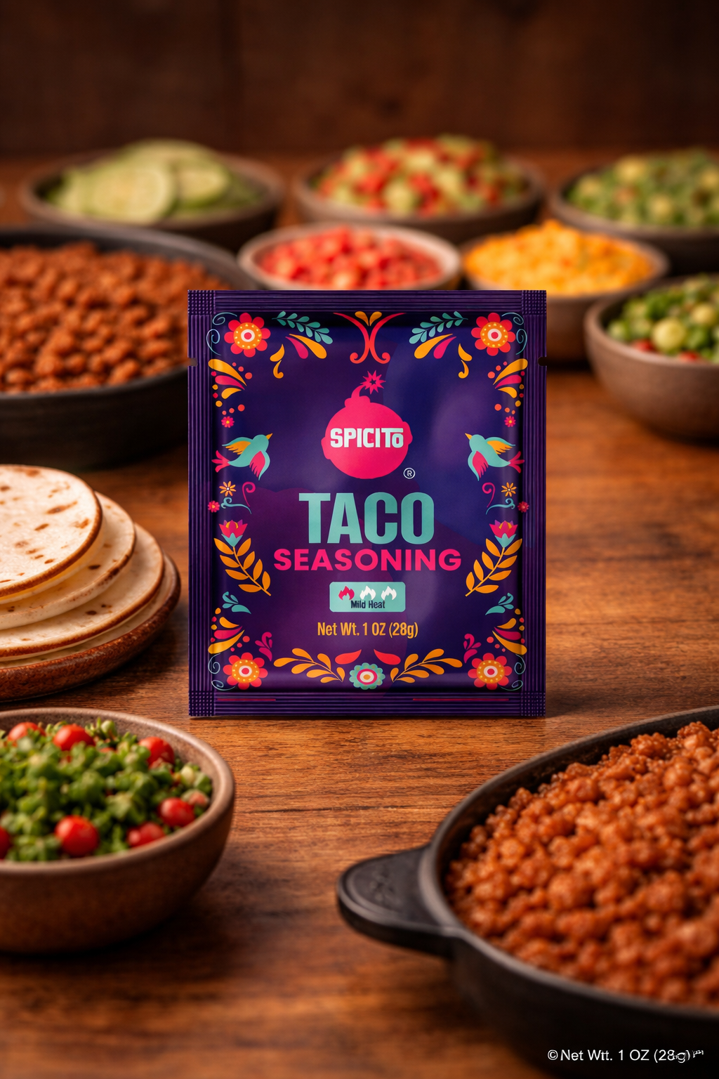 Spicita Taco Seasoning packet on a wooden table with taco ingredients.