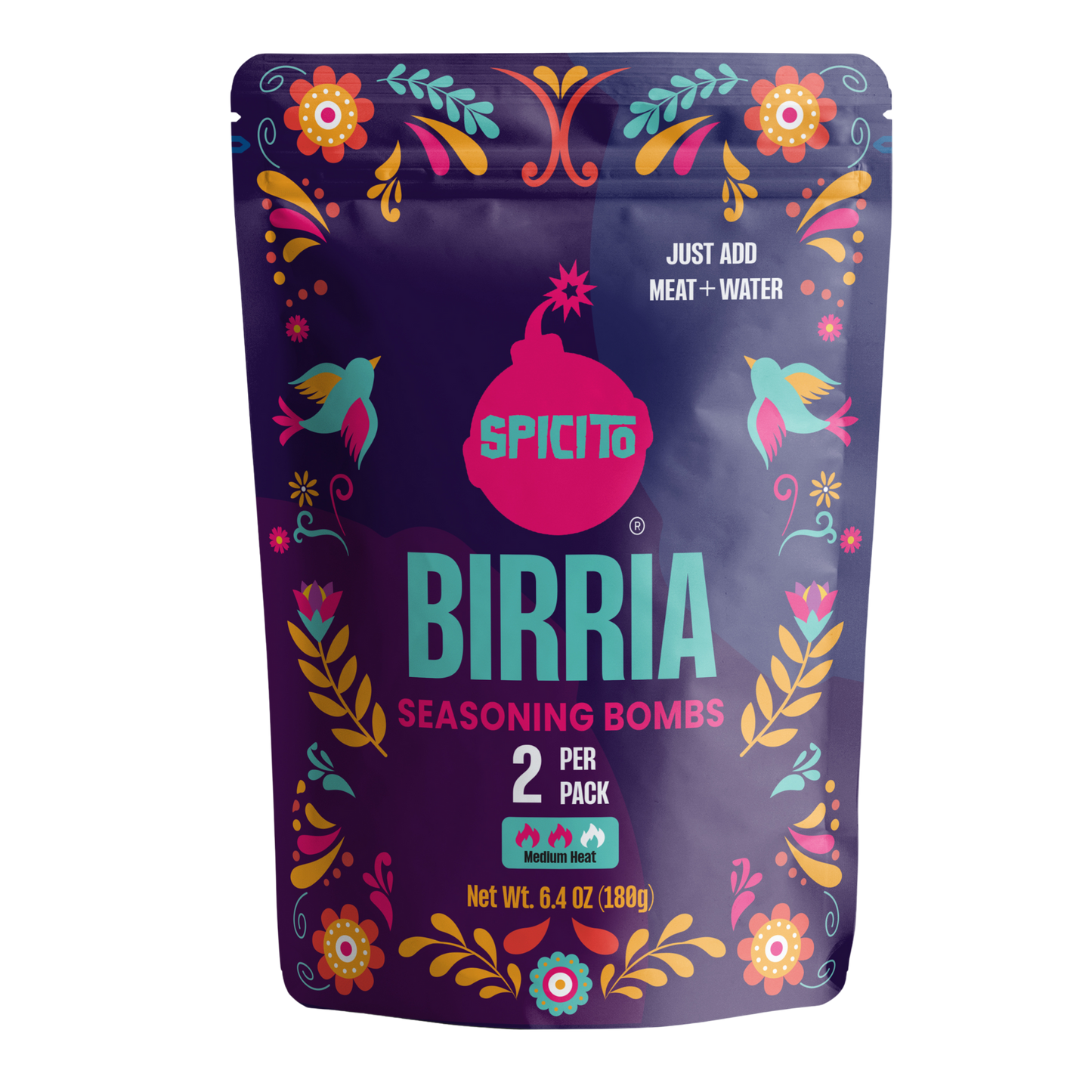 Spicito Birria seasoning bombs packaging with colorful design on a white background