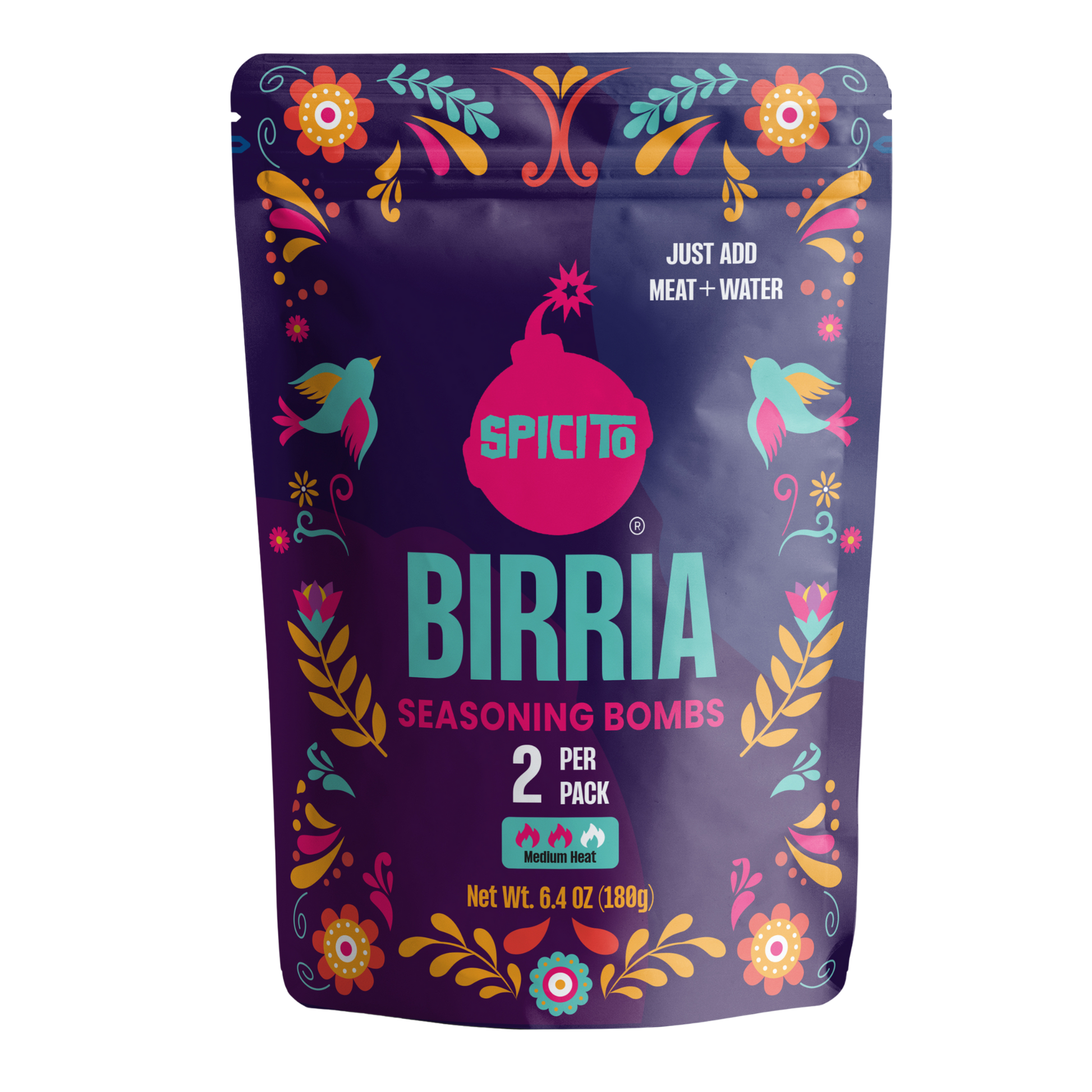 Spicito Birria seasoning bombs packaging with colorful design on a white background