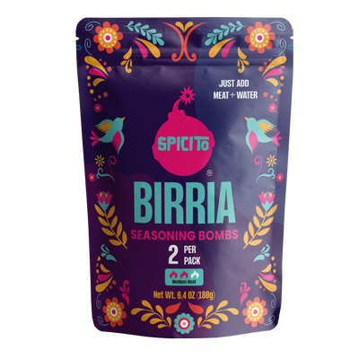 Spicito Birria seasoning bombs packaging with colorful design on a white background