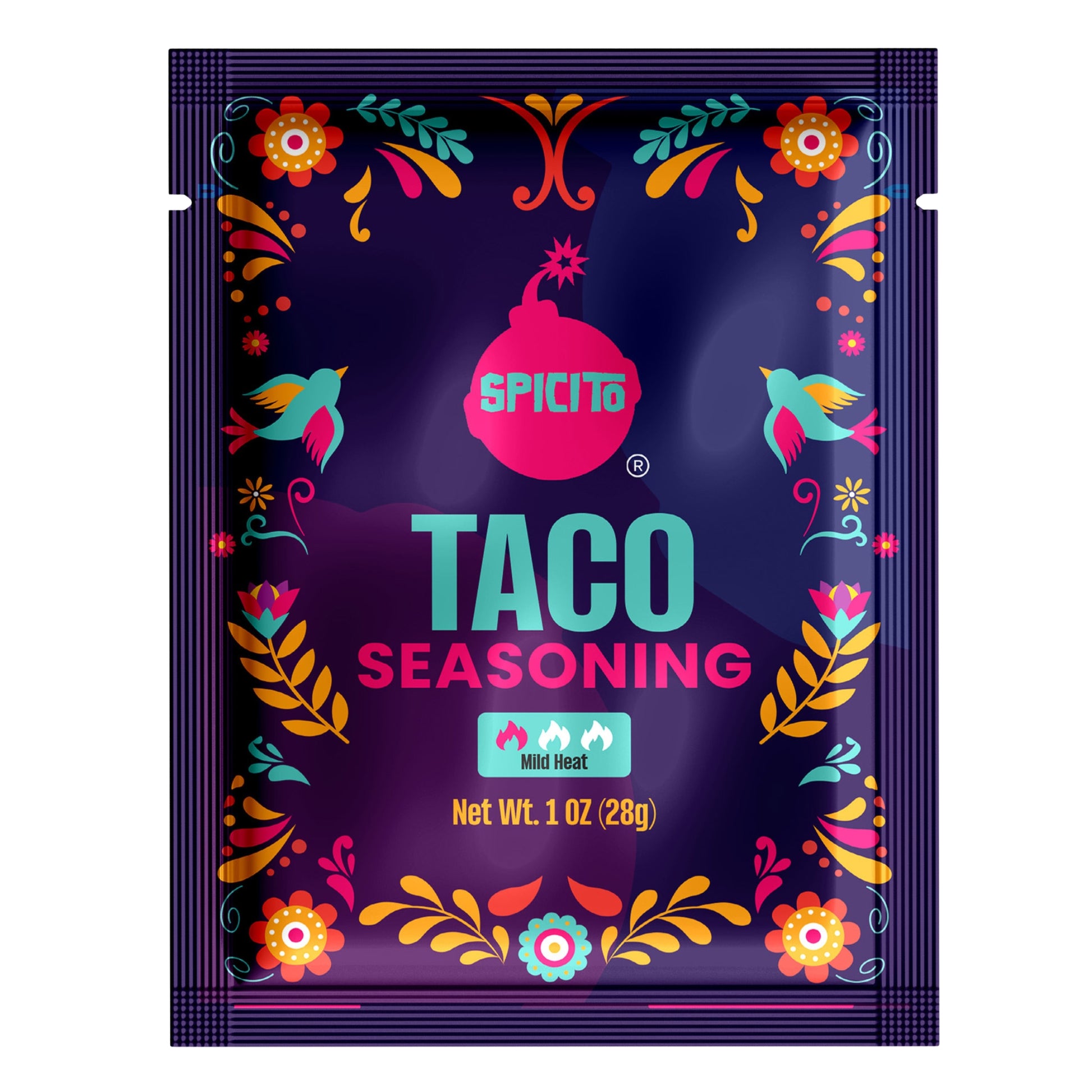 Spicito Taco Seasoning packet with colorful decorative elements on a white background