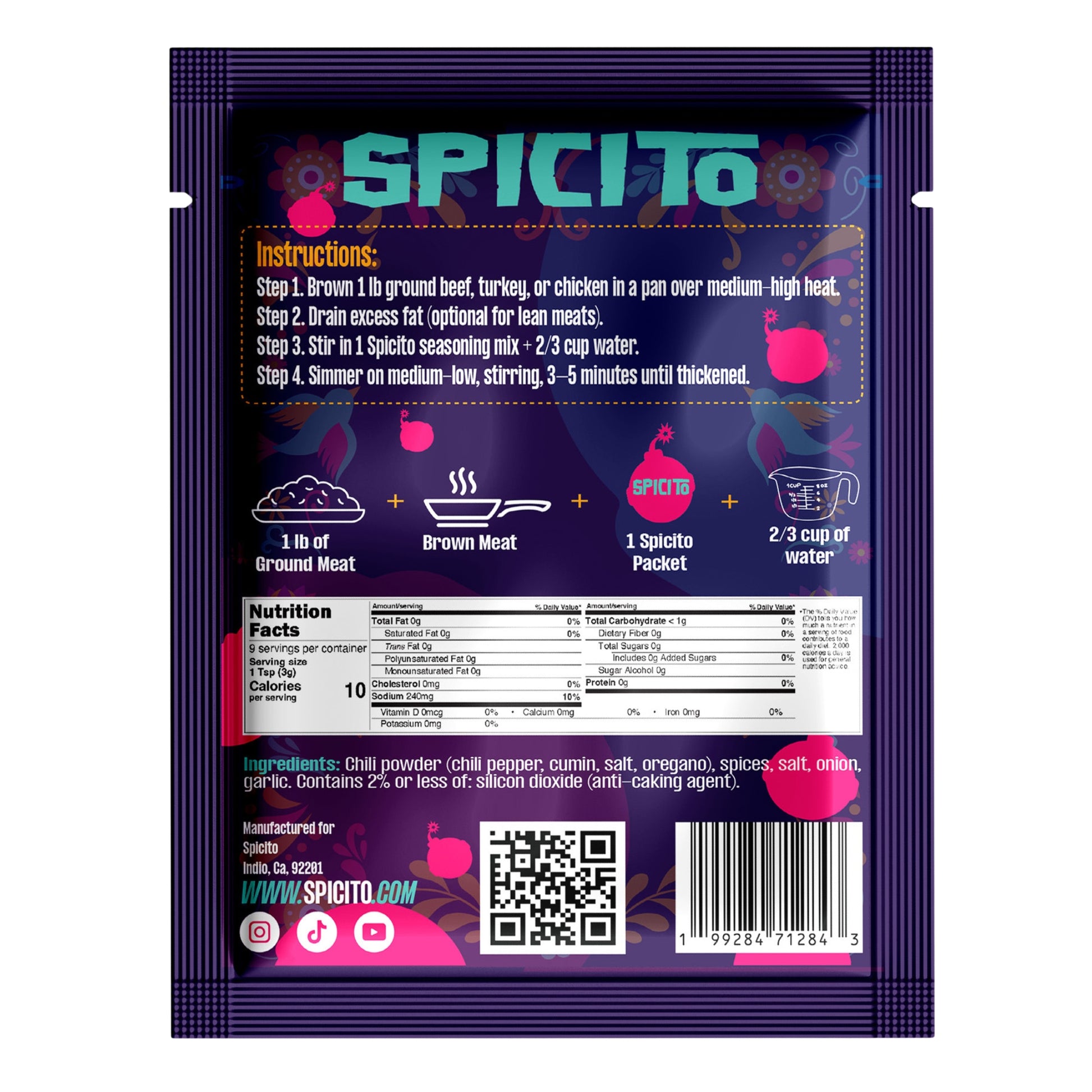 Spicito seasoning mix packet with instructions and nutrition facts on a white background
