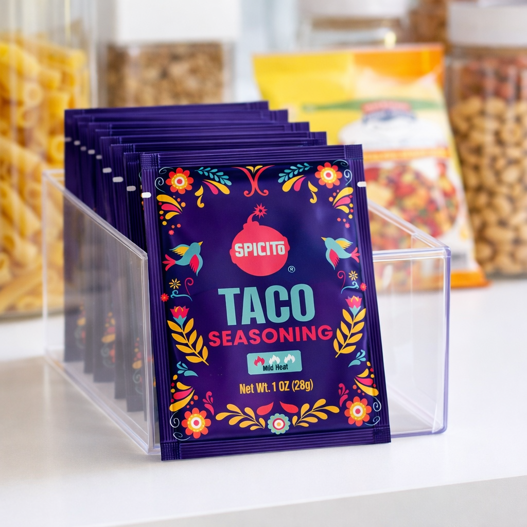 Spicito taco seasoning packets in a clear organizer with colorful packaging.
