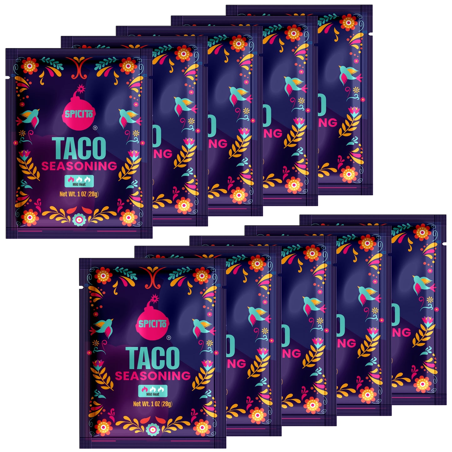 Multiple packages of Taco seasoning with colorful designs on a white background