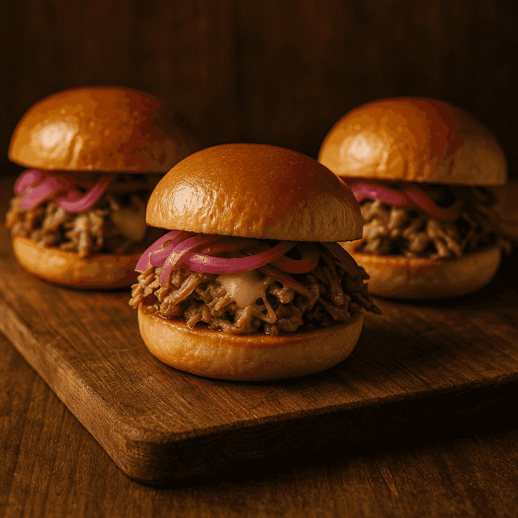 Three sliders with pulled pork and red onions on a wooden board