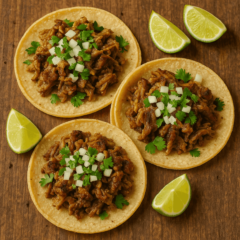 Three tacos with meat, onions, and cilantro on a wooden surface with lime wedges.