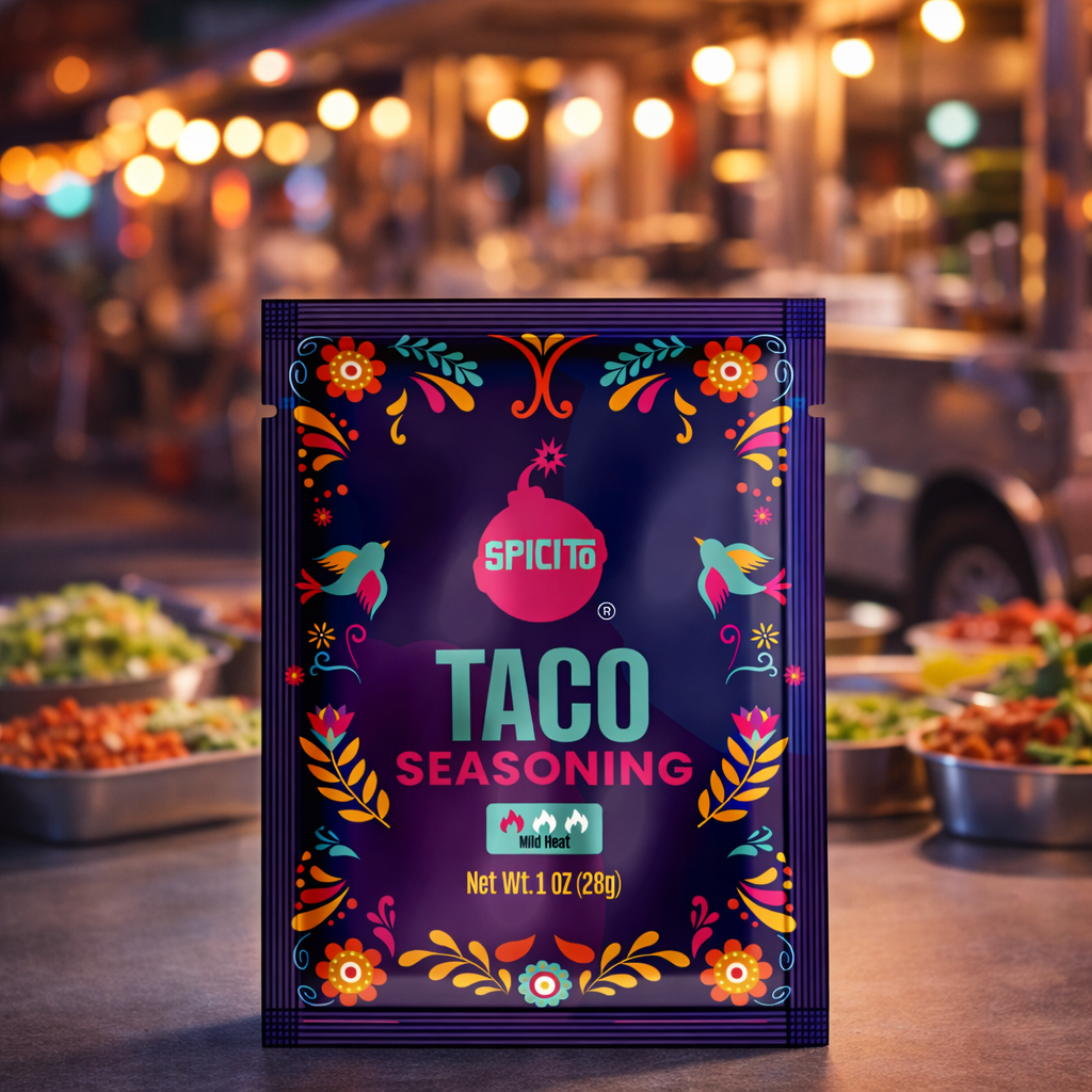 Spicito Taco Seasoning packet with a vibrant design on a blurred street food background