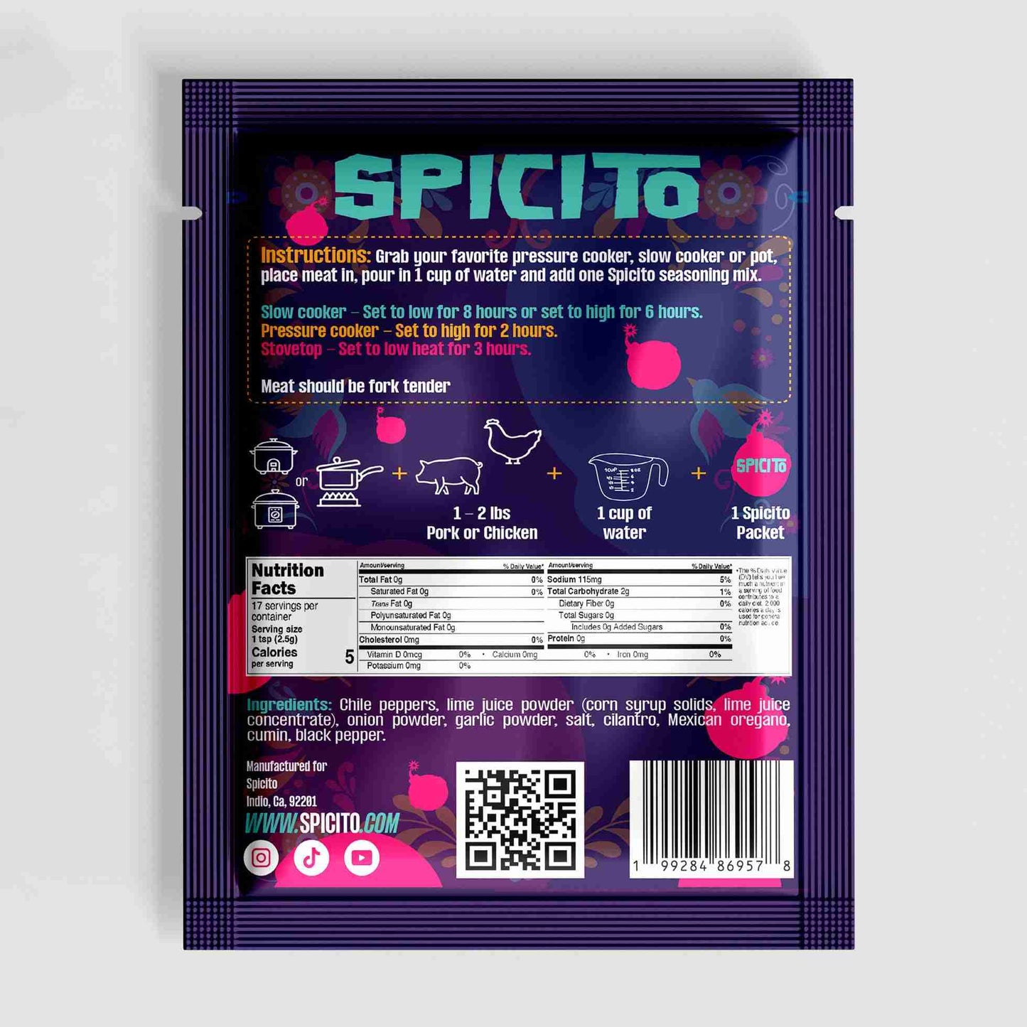 Spicito seasoning mix packaging with instructions and nutrition facts on a white background