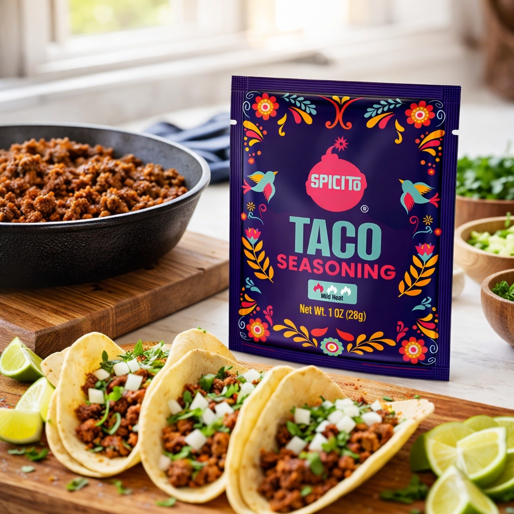 Spicito taco seasoning packet with tacos and ingredients on a wooden board.