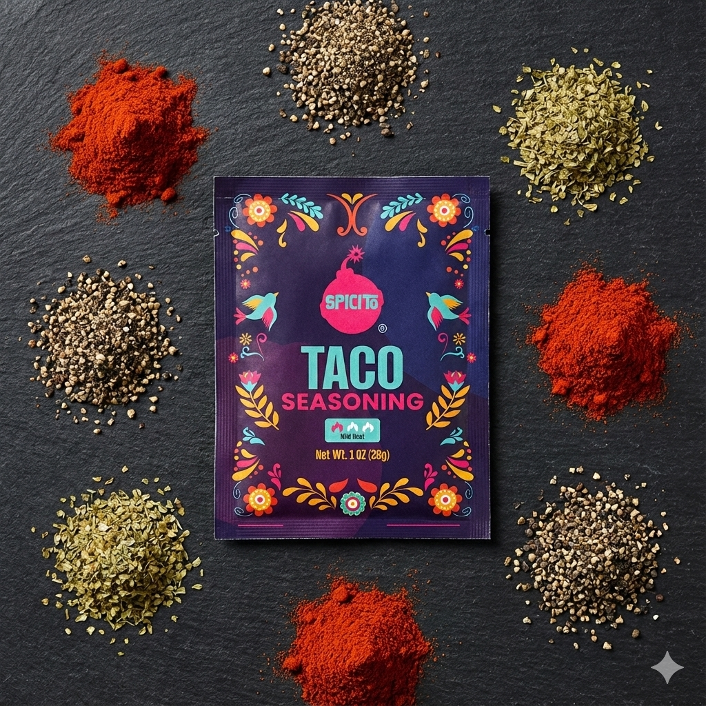 Spicy Taco seasoning packet surrounded by various spices on a dark surface